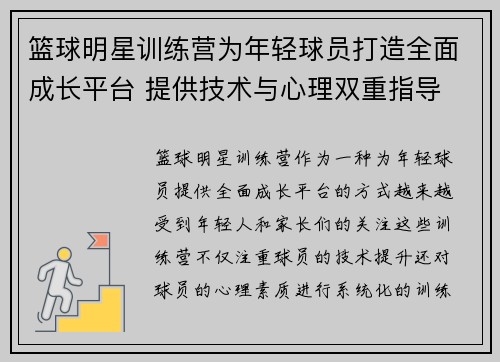 篮球明星训练营为年轻球员打造全面成长平台 提供技术与心理双重指导 篮球明星训练营为年轻球员打造全面成长平台 提供技术与心理双重指导